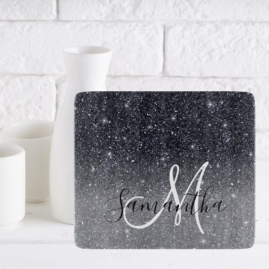 Modern Black Glitter Sparkles Personalized Name Snijplank