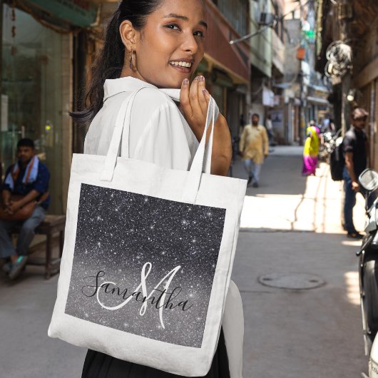 Modern Black Glitter Sparkles Personalized Name Tote Bag