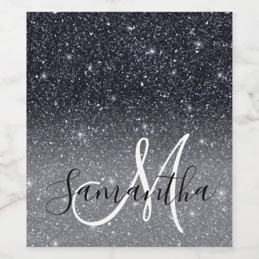 Modern Black Glitter Sparkles Personalized Name Wijn Etiket (Enkel label)