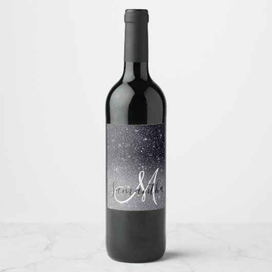 Modern Black Glitter Sparkles Personalized Name Wijn Etiket (Voorkant)