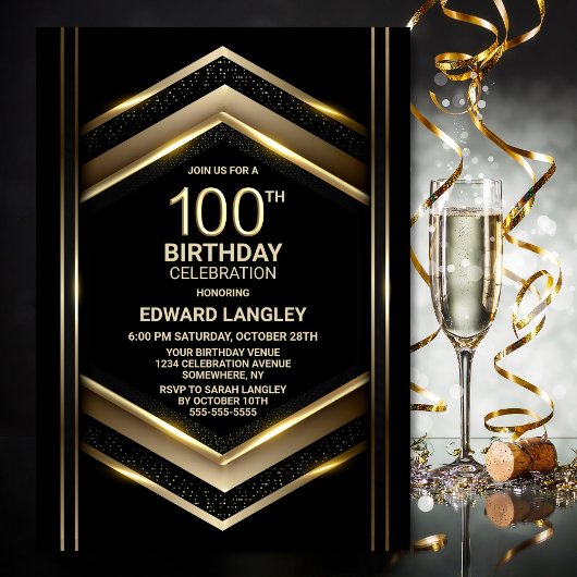 Modern Black Gold 100th Birthday Party Kaart