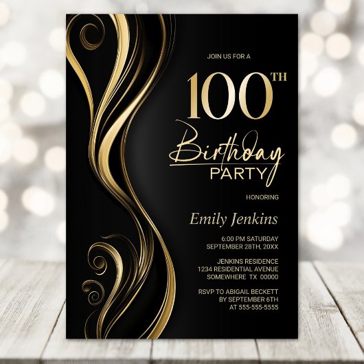 Modern Black Gold 100th Birthday Party Kaart