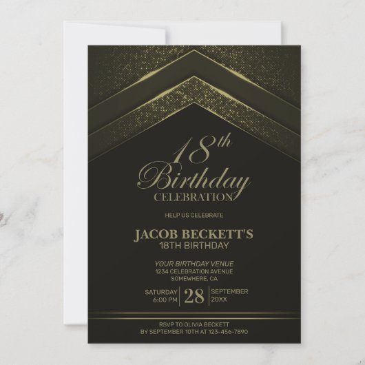Modern Black Gold 18th Birthday Party Kaart (Voorkant)
