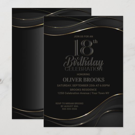 Modern Black Gold 18th Birthday Party Kaart (Voorkant / Achterkant)