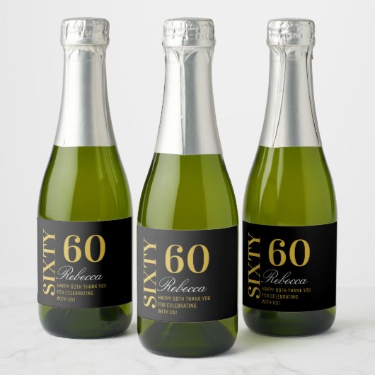 Modern Black Gold 60-jarige cocktail Party Mini Sparkling Wijnetiket (Flessen)