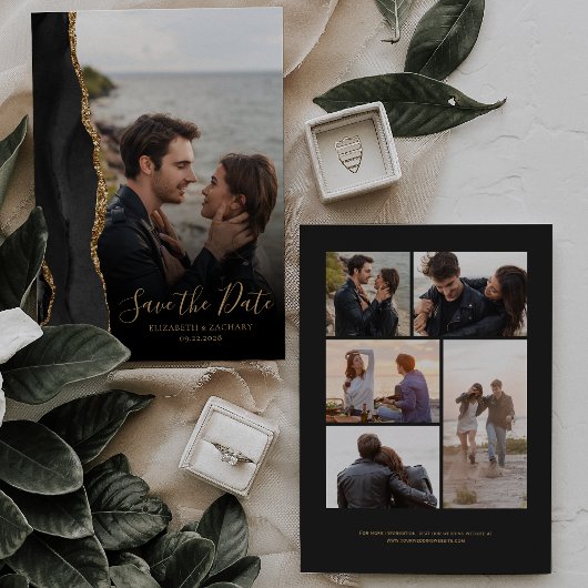 Modern Black Gold Agate 6-Foto Save the Date Kaart