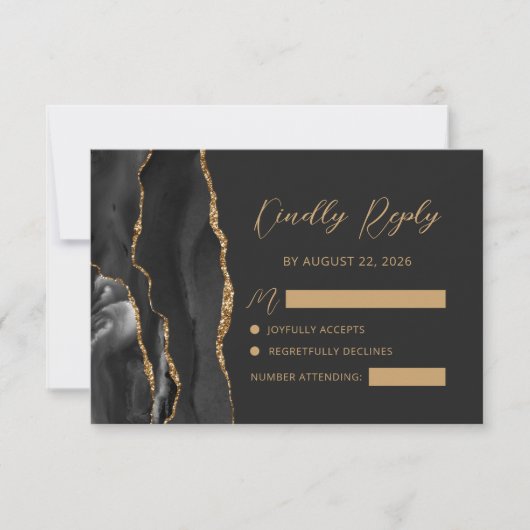 Modern Black Gold Agate Dark Wedding RSVP Kaartje (Voorkant)