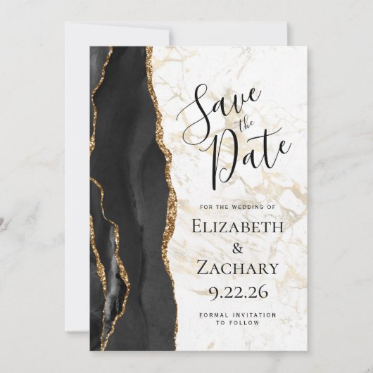 Modern Black Gold Agate Marble Save the Date (Devant)