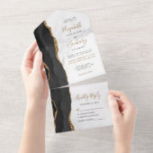 Modern Black Gold Agate Marble Wedding All In One Uitnodiging (Afscheurbaar)