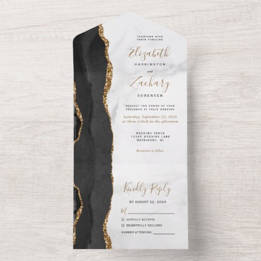 Modern Black Gold Agate Marble Wedding All In One Uitnodiging (Binnen)