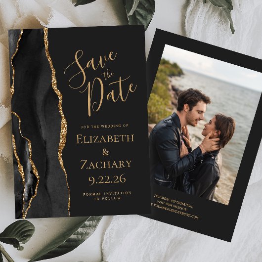 Modern Black Gold Agate Photo Dark Save the Date