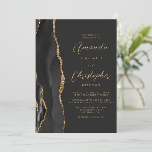 Modern Black Gold Agate Script Slate Weddenschap Kaart (Staand voorkant)
