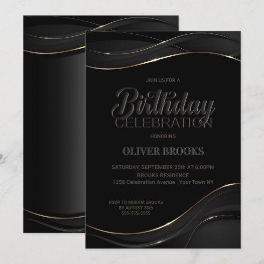 Modern Black Gold Birthday Celebration Invitation Kaart (Voorkant / Achterkant)