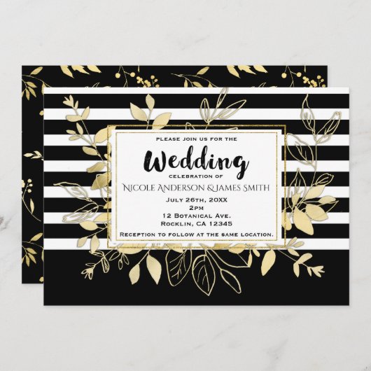 Modern Black Gold Botanical Glamor Chic Wedding Kaart (Voorkant / Achterkant)