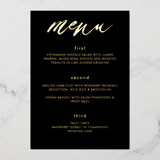 Modern Black Gold Calligraphy Wedding Menu Folie Uitnodiging (Voorkant)