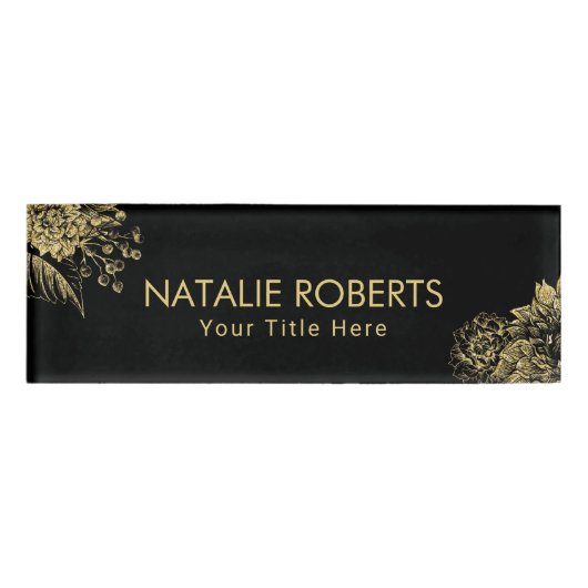 Modern Black Gold Floral Makeup Artist Hair Salon Naambadge (Voorkant)