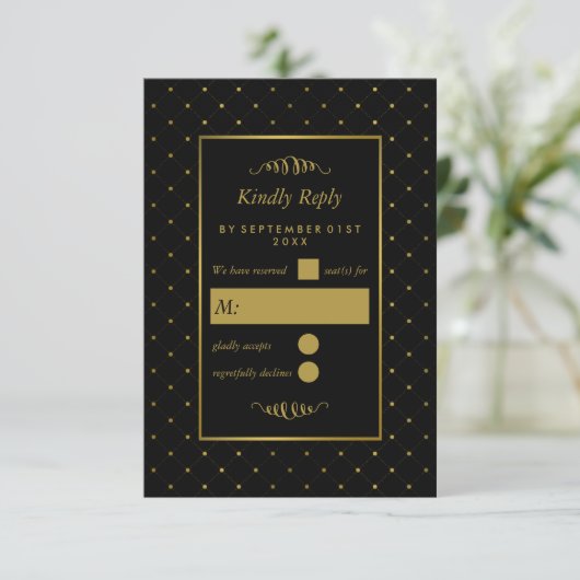 Modern Black & Gold Foil-effect Weddenschap RSVP Kaartje (Staand voorkant)