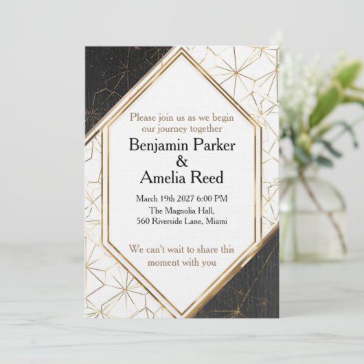 Modern Black Gold Geometric Wedding Invitation (Debout devant)