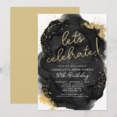 Modern Black Gold Glitter Alcohol Ink Birthday Kaart (Voorkant / Achterkant)