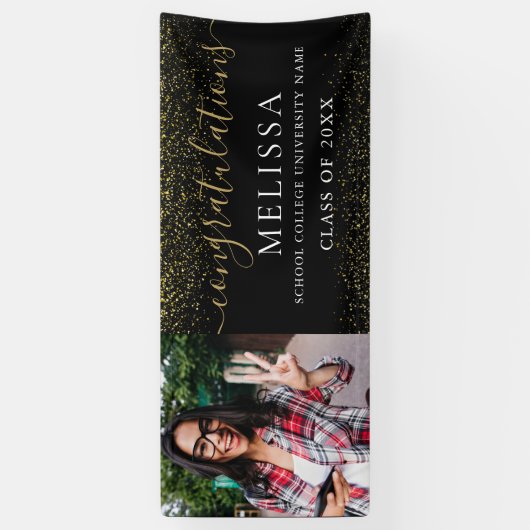 Modern Black Gold Glitter Photo Afstuderen Spandoek (Verticaal)