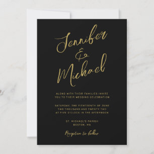 Modern Black Gold Hand Lettered Script Wedding Kaart