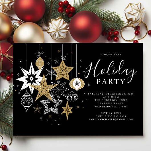 Modern Black & Gold Holiday Party Uitnodiging