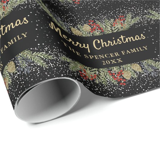 Modern Black Gold Holly Berries kerstfeest Cadeaupapier (Rol Hoek)