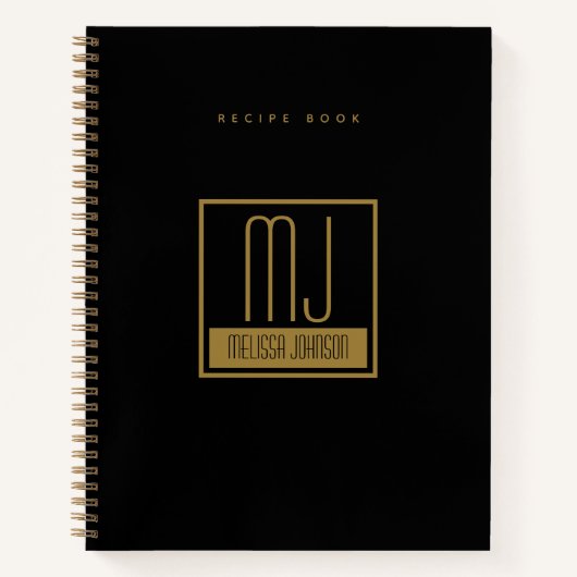 Modern Black Gold Initiaal Monogram Recipe Cookboo Notitieboek (Voorkant)