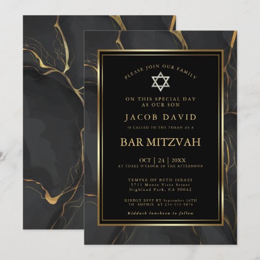 Modern Black Gold Marble Bar Mitzvah Kaart (Voorkant / Achterkant)