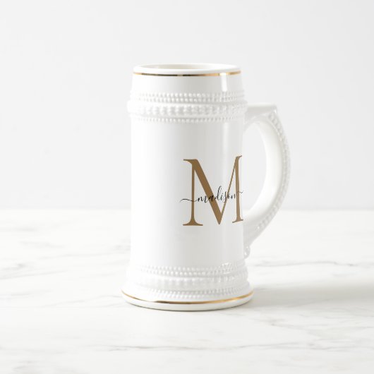 Modern Black Gold Monogram Script Name Initiaal Bierpul (Voorkant rechts)