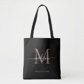 Modern Black Gold Monogram Script Name Initiaal Draagtas (Voorkant)