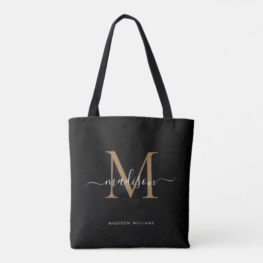 Modern Black Gold Monogram Script Name Initiaal Draagtas (Achterkant)