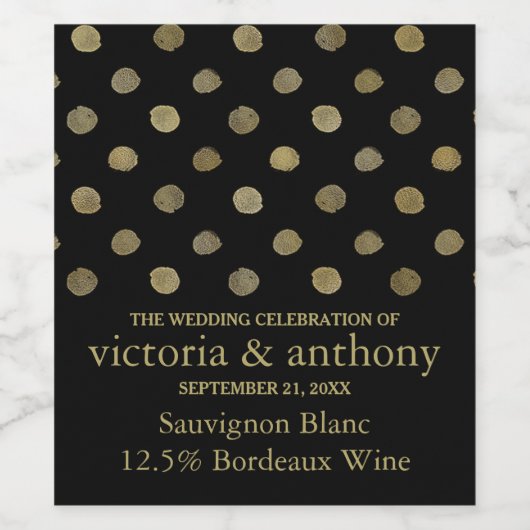 Modern Black & Gold Polka Dots Wedding Wijn Etiket (Enkel label)