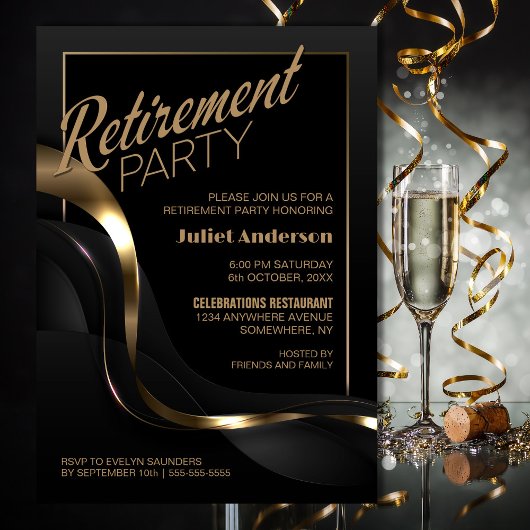 Modern Black Gold Retirement Party Kaart