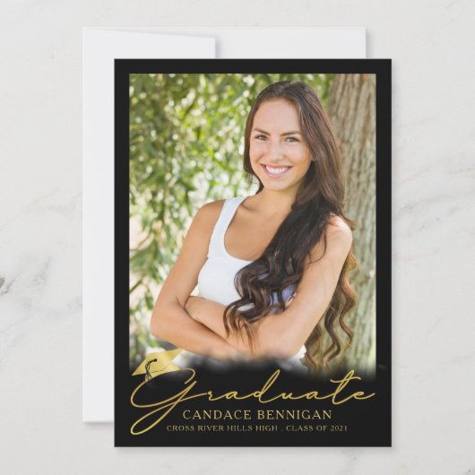 Modern Black Gold Script 5 Photo-Afstuderen Aankondiging (Voorkant)