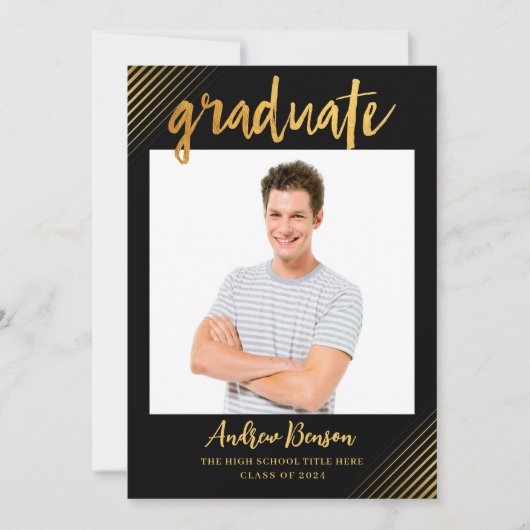 Modern Black & Gold Script Photo Graduparty Kaart (Voorkant)