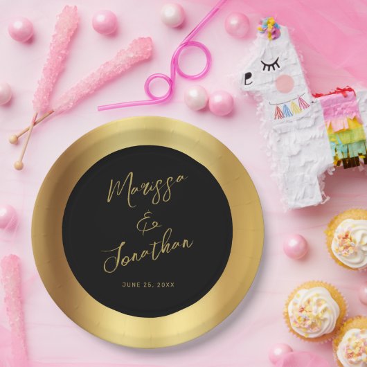 Modern Black Gold Script Shiny Wedding Papieren Bordje (Feest)