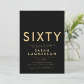 Modern Black Gold Sixty 60th Birthday Party Kaart (Staand voorkant)
