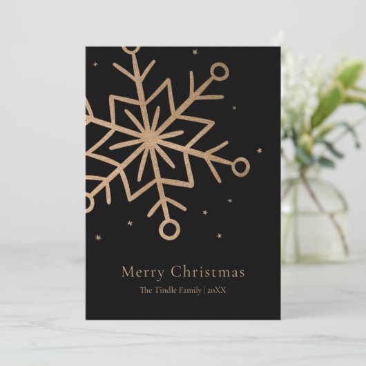 Modern Black Gold Snow Flake Script Christmas Feestdagenkaart (Staand voorkant)