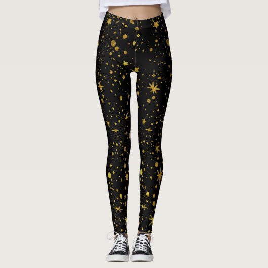 Modern Black Gold Stars Pattern Abstract Yoga Leggings (Voorkant)
