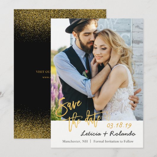 Modern Black & Gold Wedding Save the Date Photo (Voorkant / Achterkant)