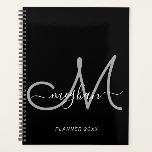 Modern Black Grey Handgeschreven Script Monogram 2 Planner (Voorkant)