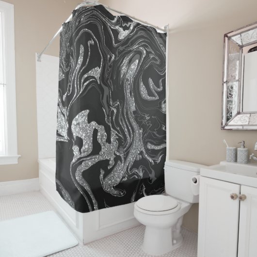 Modern Black Grey Silver Glitter Marble Douchegordijn (In situ)