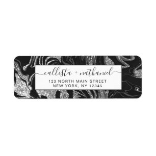 Modern Black Grey Silver Glitter Marble Etiket