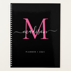 Modern Black Hot Pink Girly Monogram Script 2021 Planner