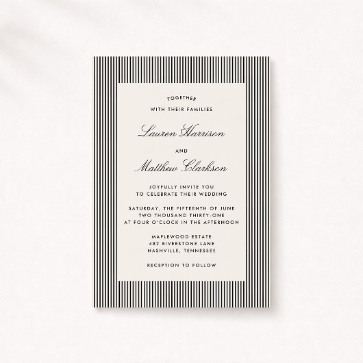 Modern Black & Ivory Striped Wedding Invitation Kaart