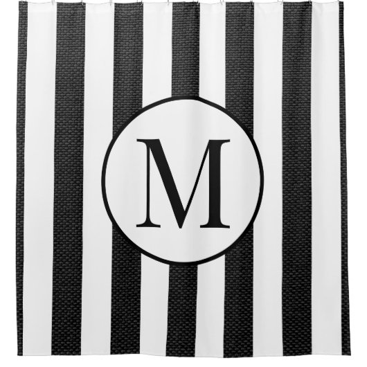 Modern Black Linen White Stripes Elegant Monogram Douchegordijn (Voorkant)
