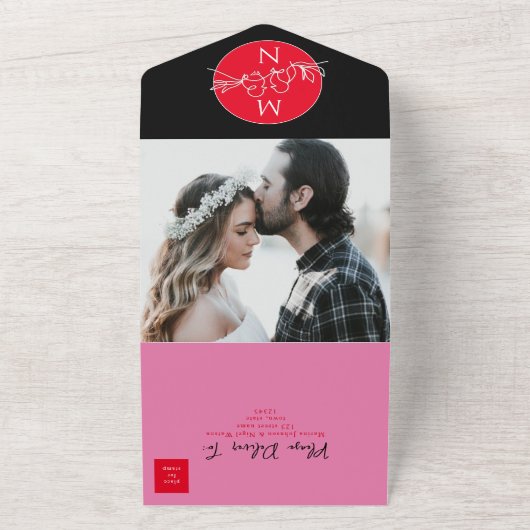 Modern Black Magenta Wedding All In One Uitnodiging (Buitenkant)