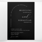 Modern Black Minimal Arch Photo QR Code Weddenscha Drieluik Uitnodiging (Binnenkant midden)