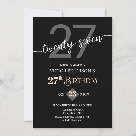 Modern Black Minimalist Men 27th Birthday Party Kaart (Voorkant)